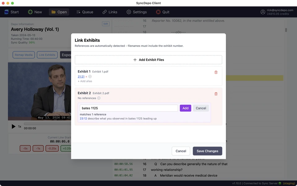 Link Exhibits dialog with a bates 1125 alias and a preview of its matching transcript reference.