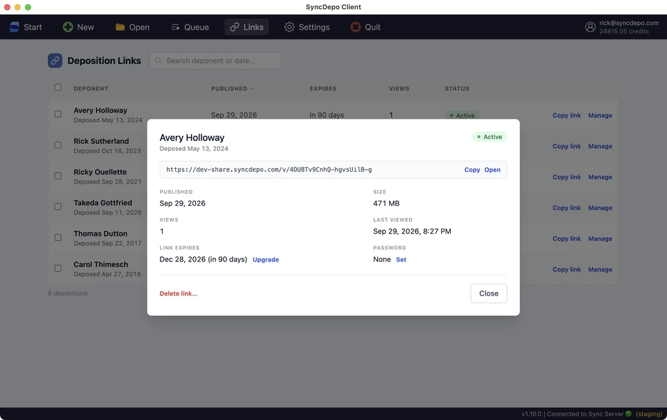 Link management dialog with share URL, views, last viewed date, expiry, and password controls.