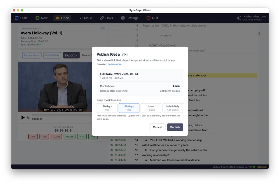 Publish (Get a link) dialog with deposition details, publishing fee, expiry options, and Publish.