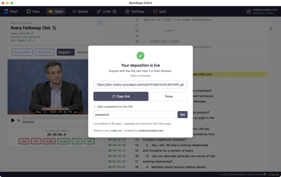 Your deposition is live dialog with a share URL, Copy link, and the expanded password field.