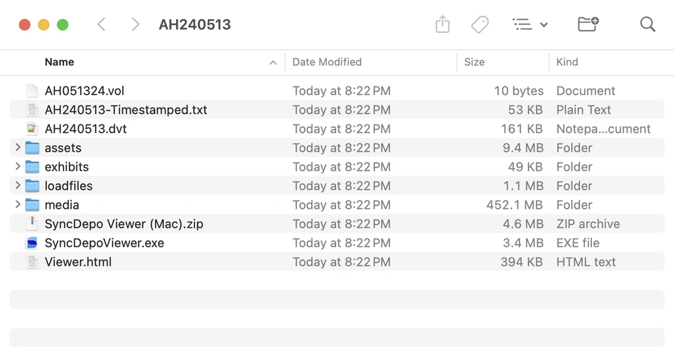 Exported package in Finder with viewer apps, Viewer.html, media, exhibits, and sync files.