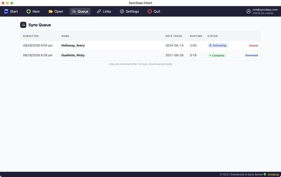 Sync Queue with an Extracting job and Cancel, alongside a completed job and Download.