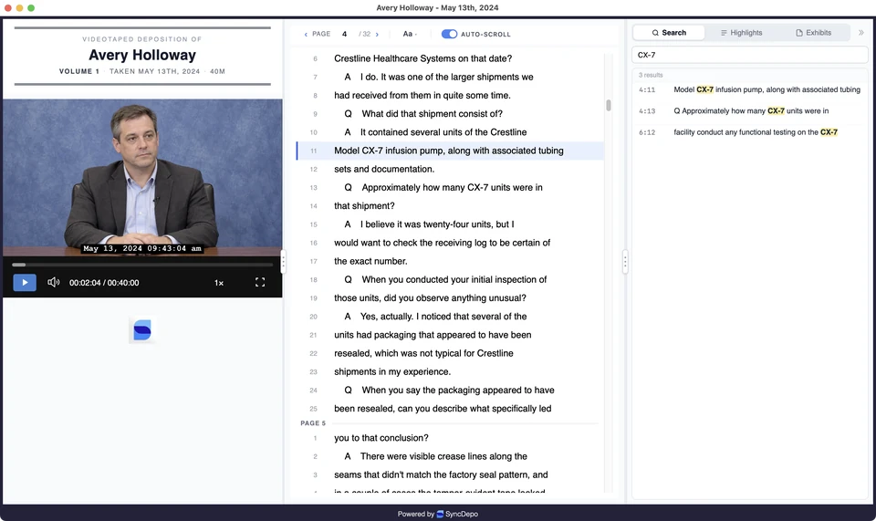 Viewer Search panel with matching transcript passages and their page and line references.
